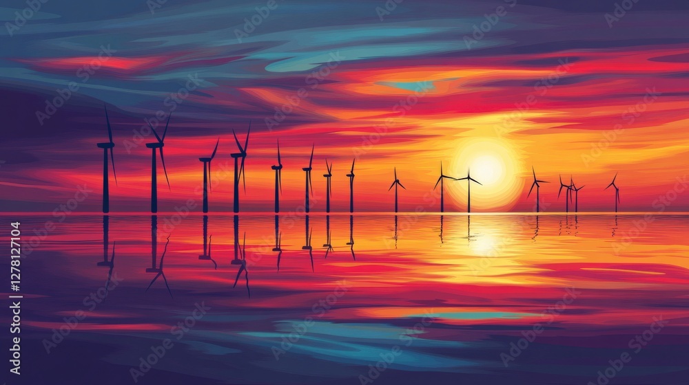 Vibrant sunset over a calm sea with wind turbines silhouetted against colorful sky Vibrant sunset over a calm sea with wind turbines silhouetted against colorful sky