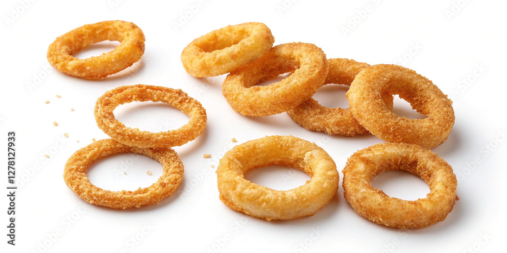 Crispy Collection of Fried Onion Rings Isolated on a White Background for Appetizing Snacking Crispy Collection of Fried Onion Rings Isolated on a White Background for Appetizing Snacking