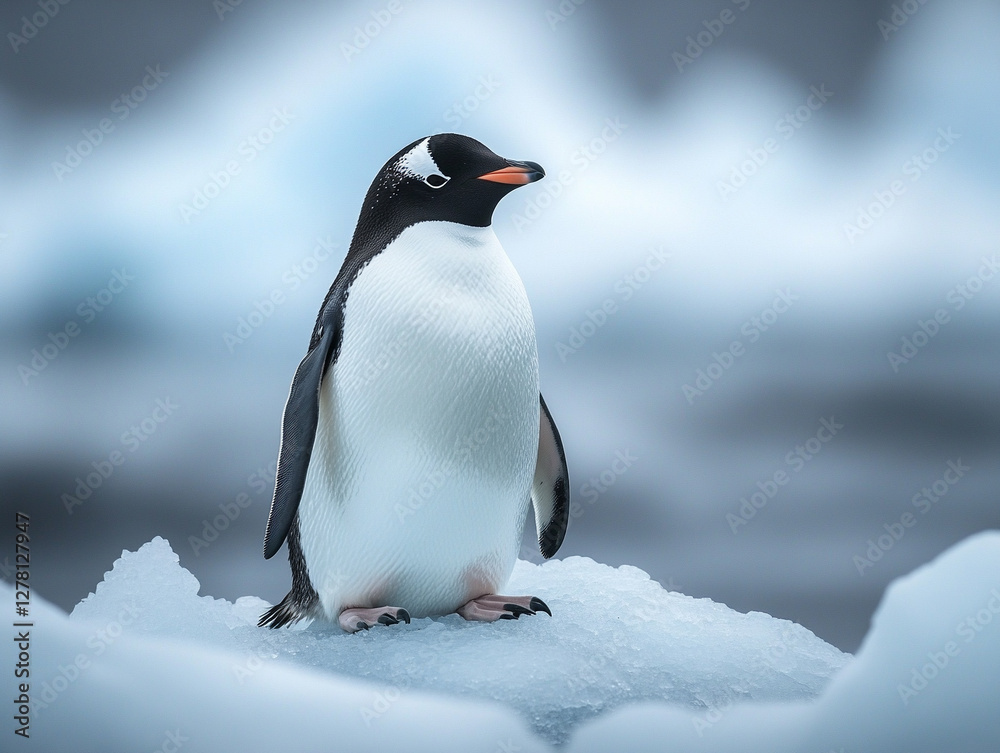 Naklejka premium Gentoo penguin standing on ice in a cold environment