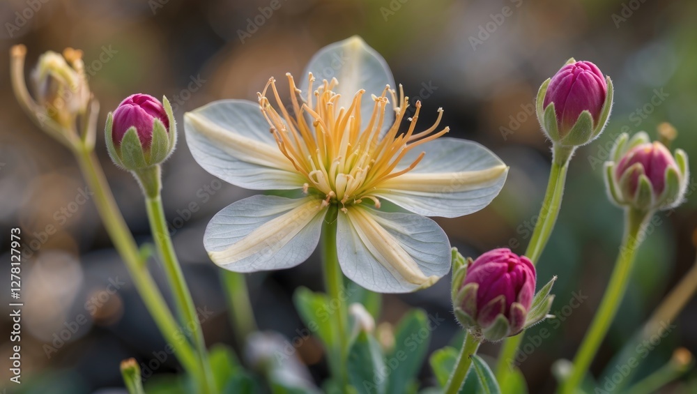 custom made wallpaper toronto digitalClose-up of a delicate white flower with yellow stamen surrounded by pink buds and green foliage in a natural setting.