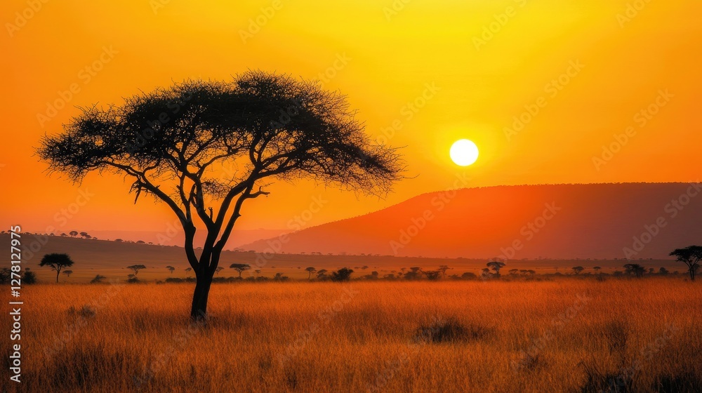 A sunrise over the savannah, casting golden light on tall, dry grass and rolling hills in the distance. A sunrise over the savannah, casting golden light on tall, dry grass and rolling hills in the distance.