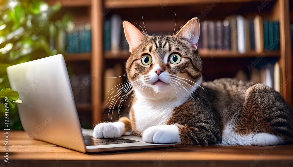Cat looking surprised at a laptop Cat looking surprised at a laptop