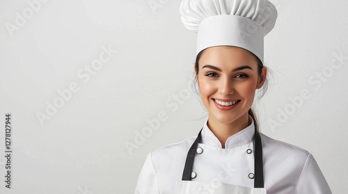 Junge Köchin mit Kochmütze und weißer Uniform vor grauem Hintergrund. Freundliches Lächeln und professionelle Ausstrahlung photo