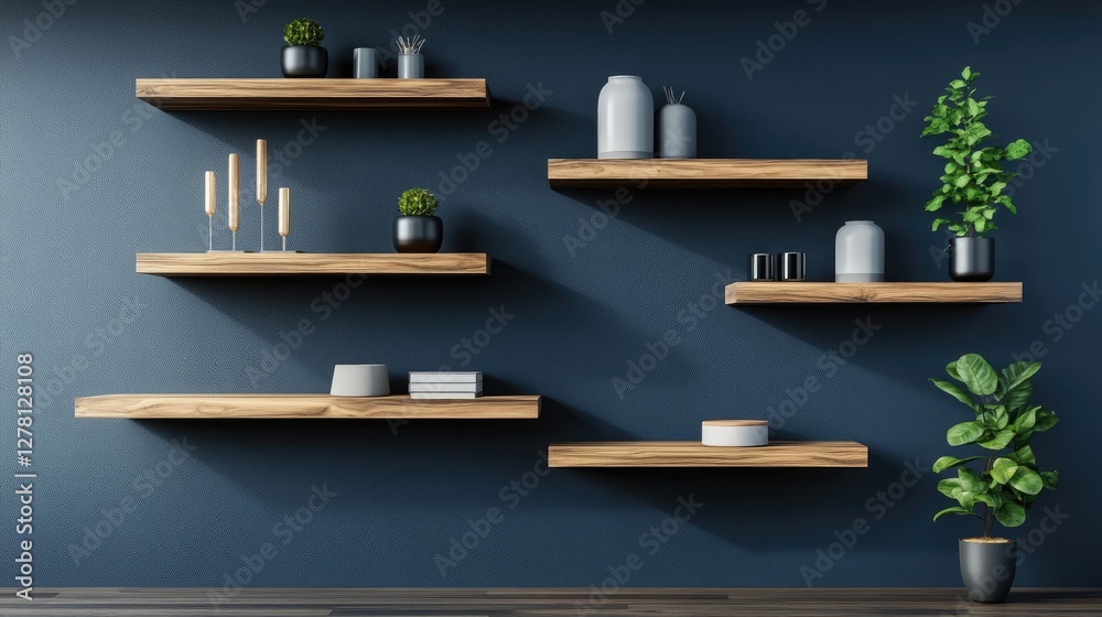Εκτύπωση καμβά A symmetrical arrangement of floating shelves on a dark blue wall, displaying elegant home decor