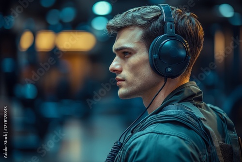 Young man wearing headphones in a modern space while focusing on music or sound in a vibrant setting photo