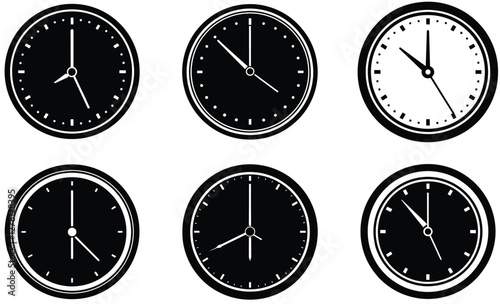 A round clock with two hands and basic hour markers, vector style icon bundle.