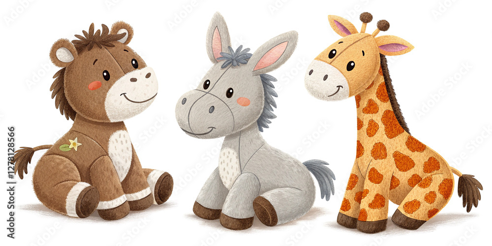 Naklejka premium Charming Collection of Plush Toys Featuring a Horse, Donkey, and Giraffe for Kids' Playtime