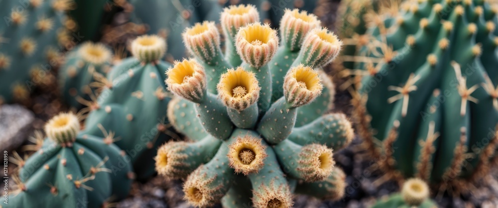 Close-up of vibrant cactus with yellow flower buds and spines surrounded by green cacti in arid environment. Close-up of vibrant cactus with yellow flower buds and spines surrounded by green cacti in arid environment.