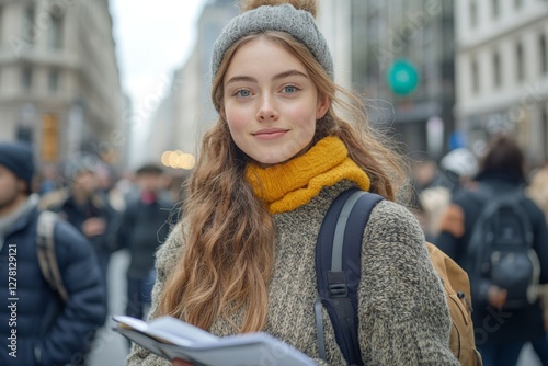 Young woman with notebook enjoys a busy city street in cool weather during the day