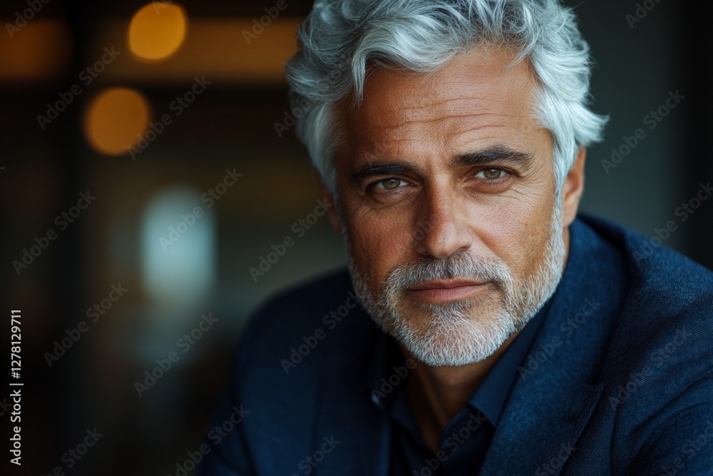 Mature man with silver hair poses confidently indoors against a blurred backdrop in a sophisticated setting Mature man with silver hair poses confidently indoors against a blurred backdrop in a sophisticated setting