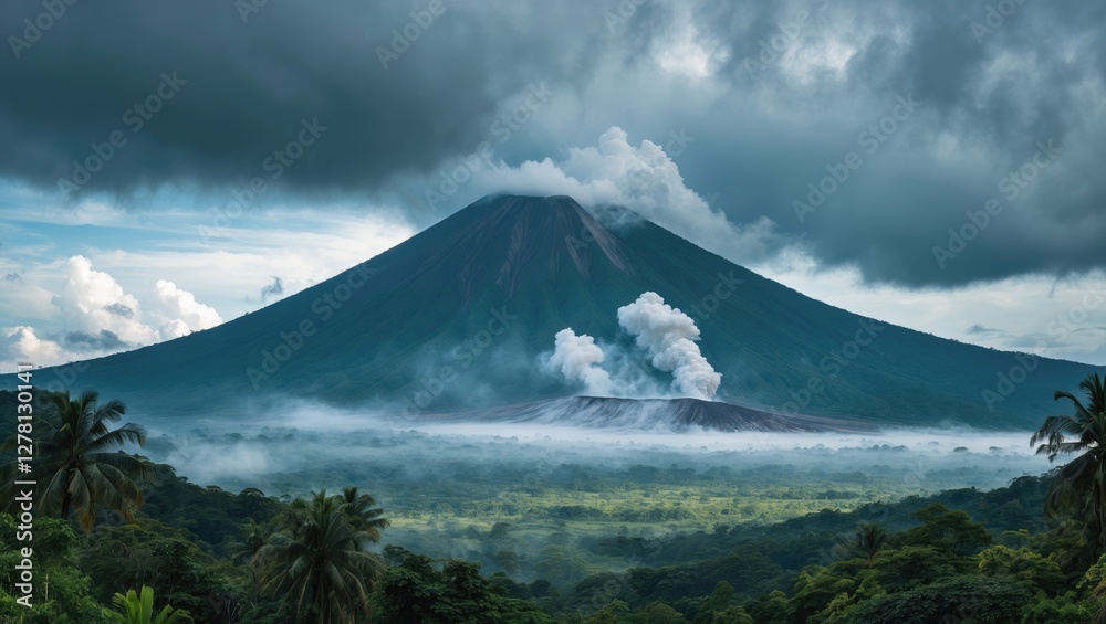 Fototapeta premium Active volcano surrounded by lush green vegetation under cloudy sky with smoke plumes rising from the crater and mist in the lowlands