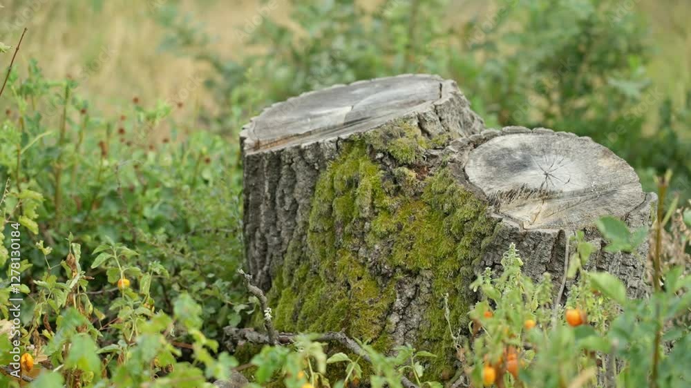Moss-covered tree stump in dense vegetation Moss-covered tree stump in dense vegetation