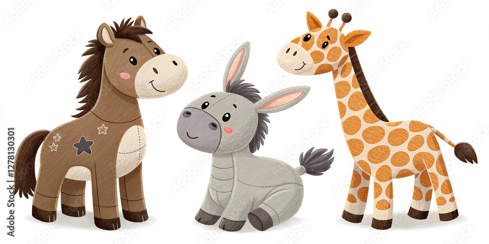 Naklejka premium Adorable Collection of Plush Toys Featuring a Horse, Donkey, and Giraffe for Kids