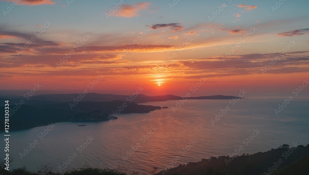 Obraz premium sunset over tranquil sea with silhouette of distant islands under a colorful sky with clouds and reflection on water surface
