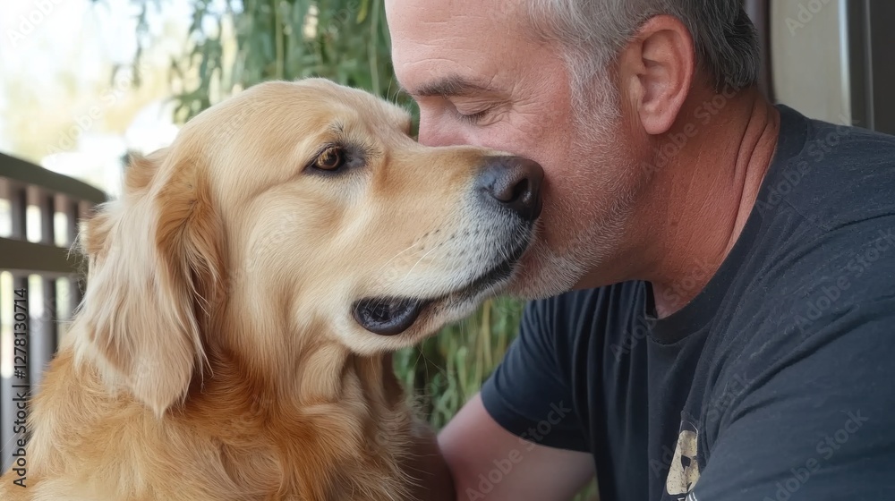 owner coming back home reuniting with his Golden Retriever