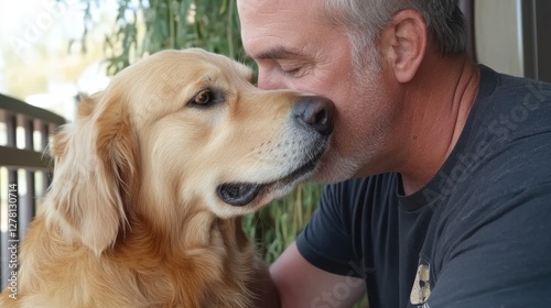 Obraz na płótnie owner coming back home reuniting with his Golden Retriever w salonie
