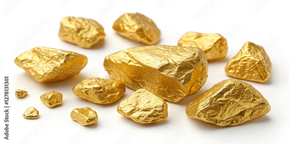 Collection of Shiny Gold Nuggets Isolated on a White Background for Wealth and Luxury Representation