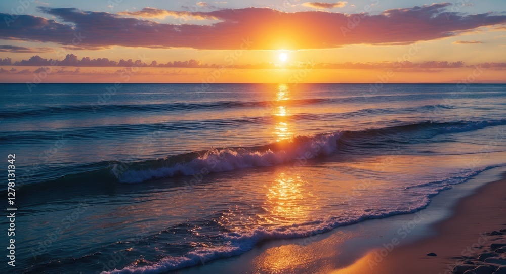 Obraz premium sunset over ocean waves with reflections on water and clouds in the sky on a beach shoreline at dusk