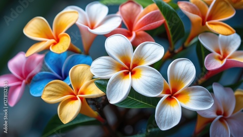 Colorful plumeria flowers with vibrant petals and green leaves naturally arranged in a tropical garden setting