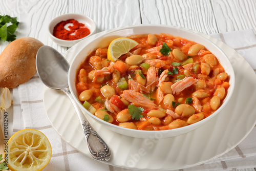 Pasulj, white bean soup with chicken in bowl photo