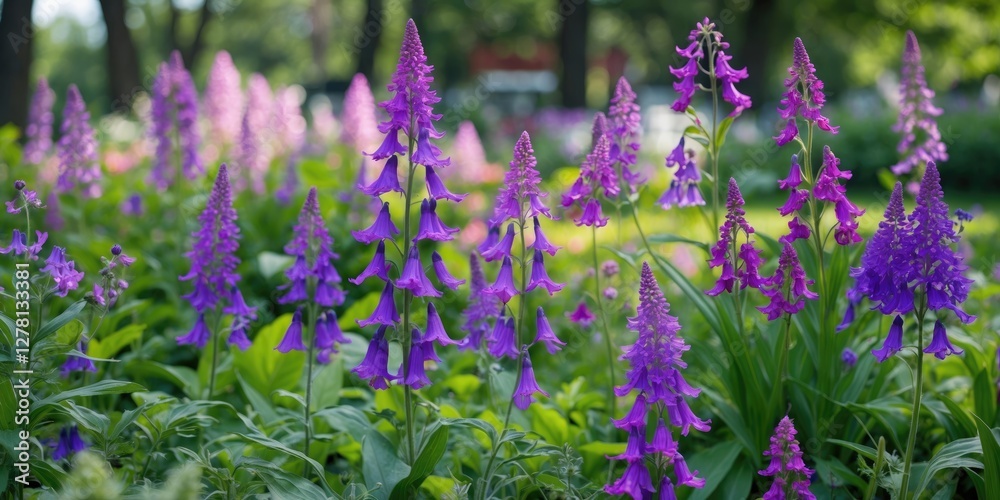 Obraz premium Purple flowers in a lush garden setting with various shades of green foliage and blurred background of trees and park environment
