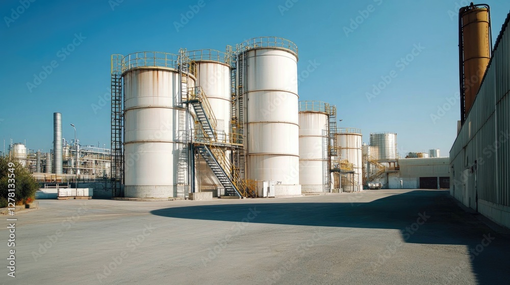 Fototapeta premium A white storage tank with a metal ladder running along its side, positioned in a clean and organized industrial yard.