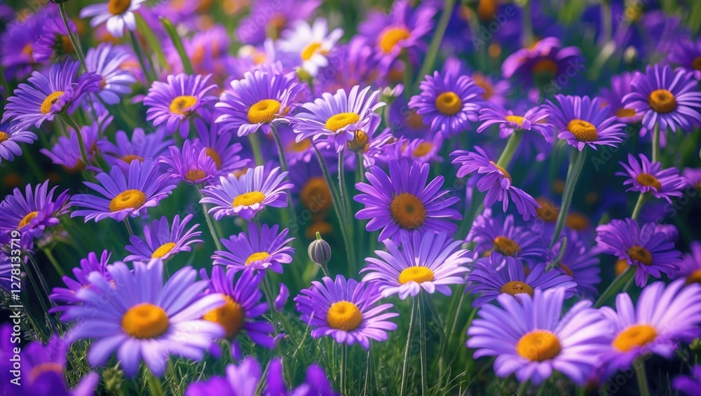 Purple daisies in full bloom covering a vibrant garden landscape under soft sunlight creating a colorful floral background Purple daisies in full bloom covering a vibrant garden landscape under soft sunlight creating a colorful floral background