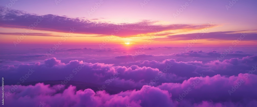 Obraz premium Colorful sunset over clouds with shades of purple and orange in a serene sky landscape.