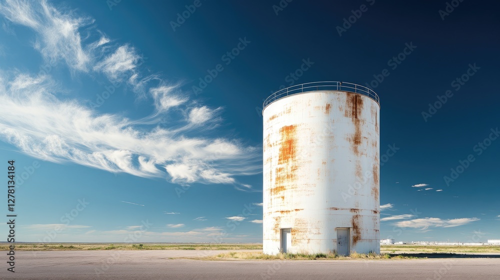 Obraz premium A white storage tank with visible rust stains, standing alone in an empty industrial landscape.