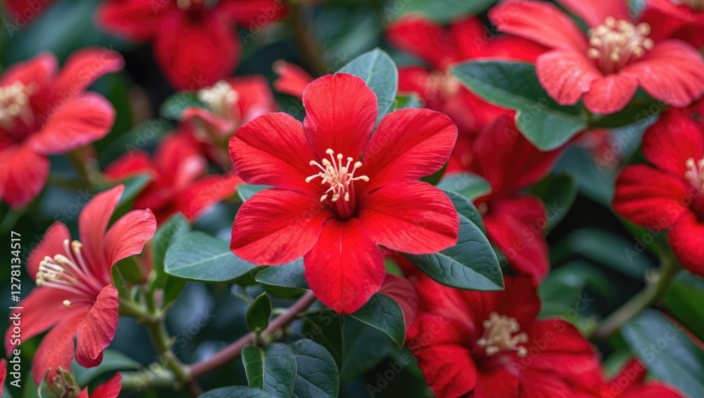 Fototapeta premium vibrant red flowers with lush green leaves in a garden setting capturing the beauty of nature in full bloom