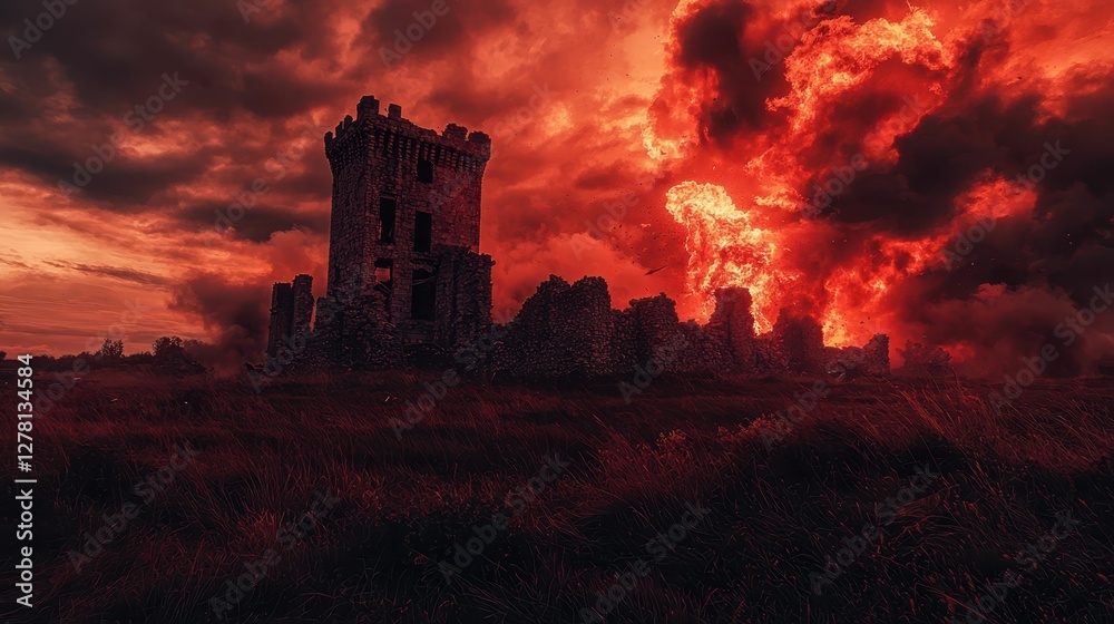 Obraz premium Majestic Ruins Under Fiery Sky with Dramatic Clouds at Dusk
