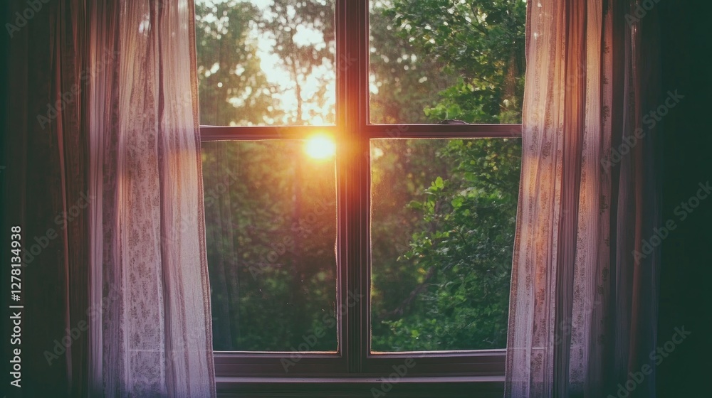 A window with translucent curtains glowing from the soft evening sunset outside. A window with translucent curtains glowing from the soft evening sunset outside.