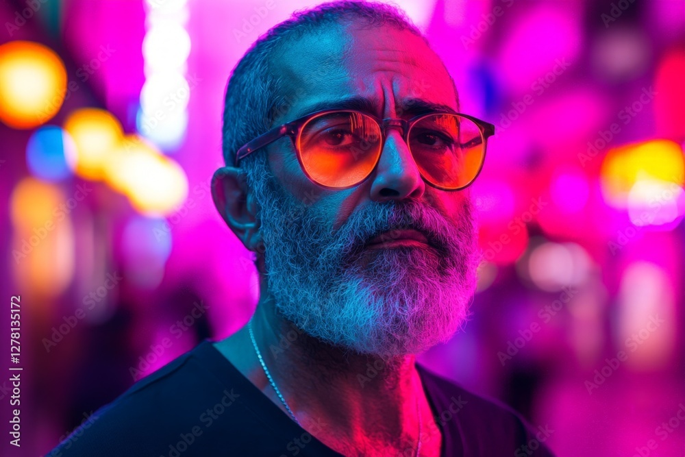 Man with gray beard and orange sunglasses in vibrant neon-lit street at night Man with gray beard and orange sunglasses in vibrant neon-lit street at night