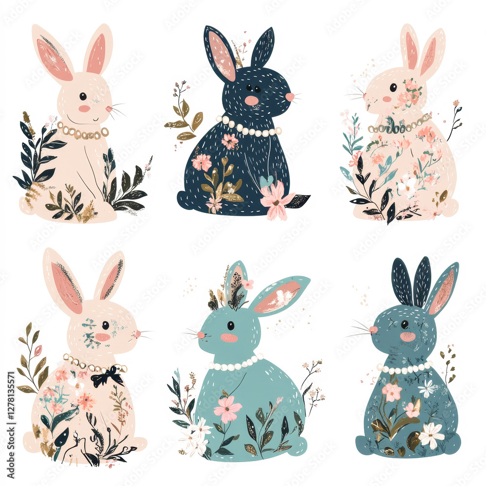 Fototapeta premium Set of six Easter bunnies with intricate floral patterns in pastel shades of pink, blue, beige and navy. Vintage and feminine design, suitable for Easter and spring-themed crafts