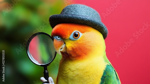 Parrot wearing a detective hat holding a magnifying glass