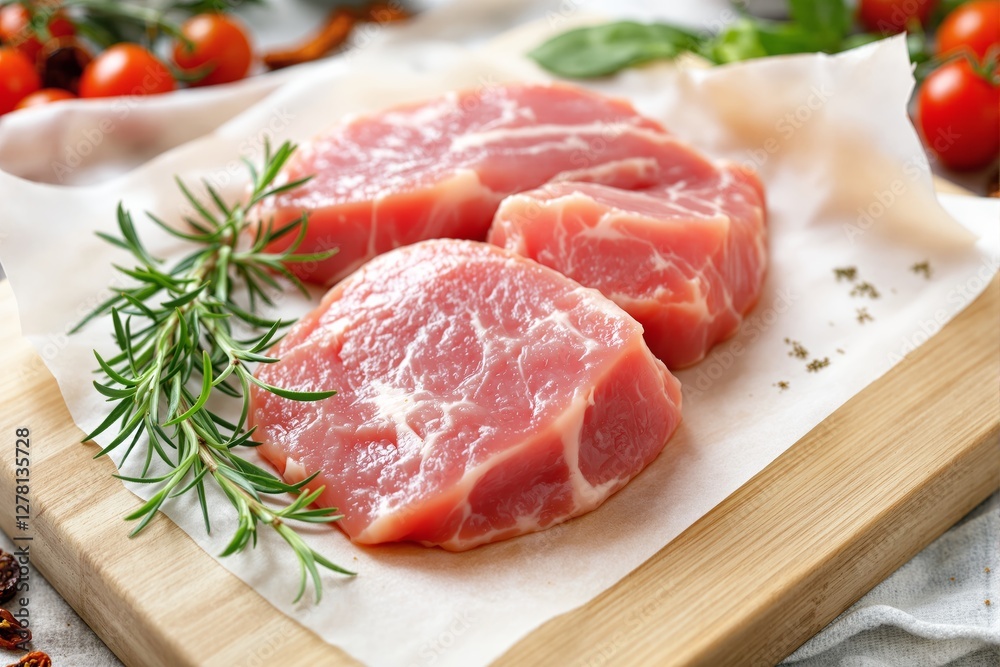 Fresh raw pork steaks with rosemary on wooden board. Fresh raw pork steaks with rosemary on wooden board.
