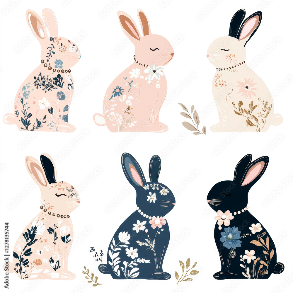 Fototapeta premium Set of six Easter bunnies with intricate floral patterns in pastel shades of pink, blue, beige and navy. Vintage and feminine design, suitable for Easter and spring-themed crafts