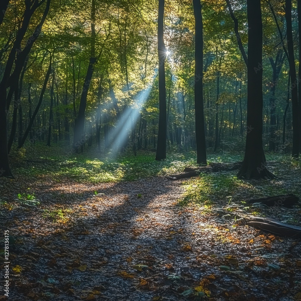 Fototapeta premium Serene Forest Sunlight Filtering Through Trees Casting Rays on Ground Creating a Mystical Atmosphere with Tall Trees and Autumnal Leaves