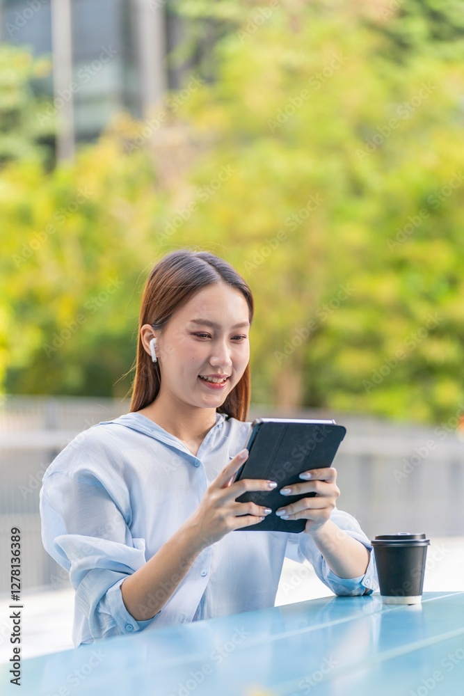 Beautiful Asian Woman Wearing Earbuds Using Tablet Outdoors a Greenery Office Building