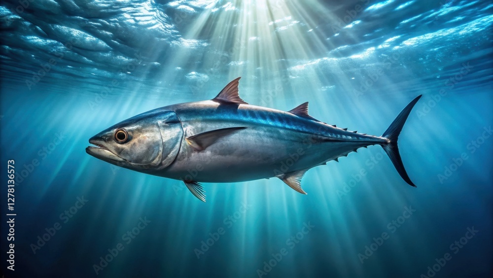 Fototapeta premium A majestic pelagic fish gracefully glides through sunlit ocean depths, its streamlined body catching the radiant beams