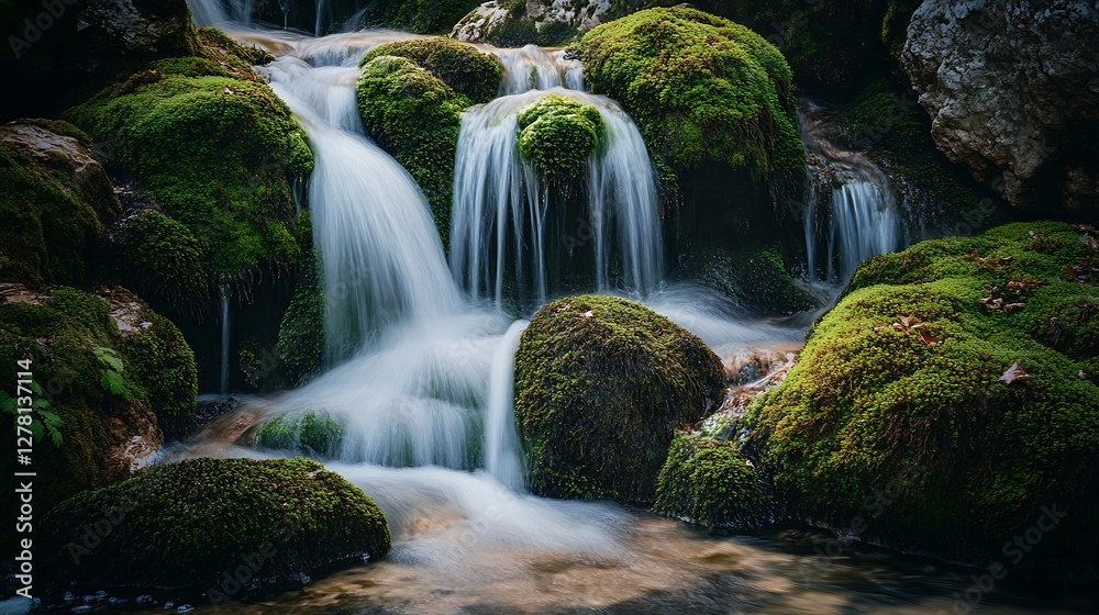 Fototapeta premium Cascading Waterfall Flowing Over Mossy Rocks Creates a Tranquil Nature Scene