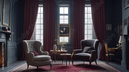 Heavy pleated curtains in a rich burgundy shade, adding drama to a grand room.