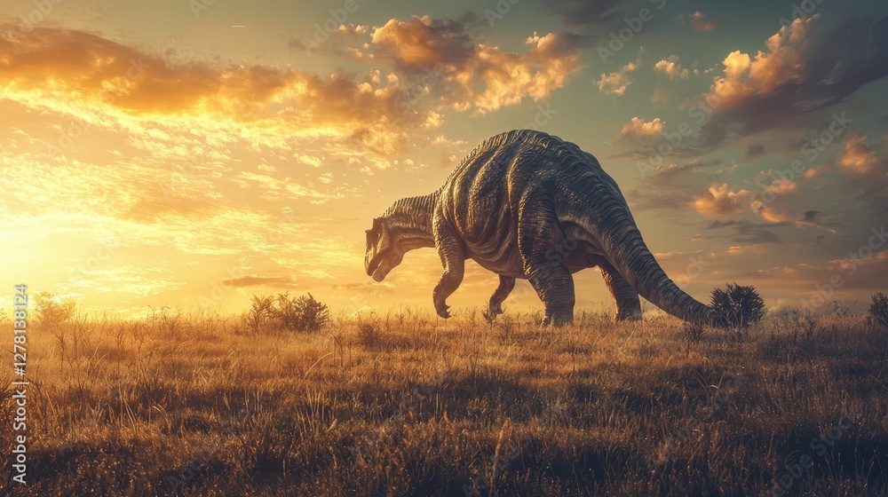 Fototapeta premium Dinosaur Walking in a Serene Landscape at Sunset Over Grasslands