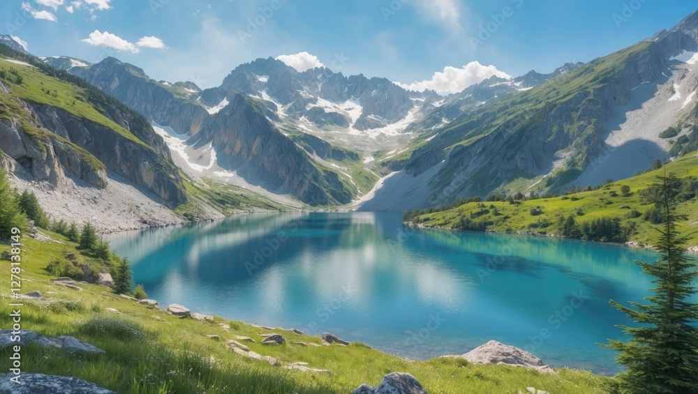Mountain landscape with turquoise lake surrounded by rocky peaks and lush green vegetation under clear blue sky. Mountain landscape with turquoise lake surrounded by rocky peaks and lush green vegetation under clear blue sky.