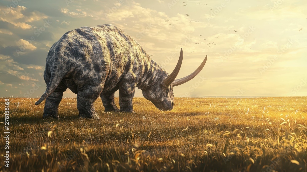 Fototapeta premium Majestic Dinosaur Grazing in a Golden Meadow at Sunset