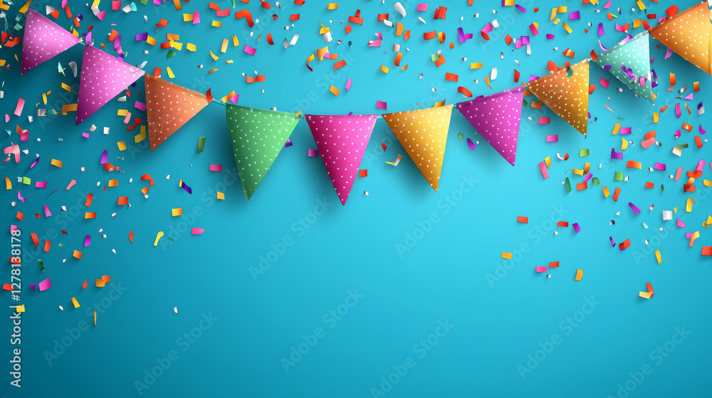 Colorful festive bunting flags with vibrant confetti on a bright blue background, perfect for celebrations, birthdays, parties, carnivals, and festive decorations Colorful festive bunting flags with vibrant confetti on a bright blue background, perfect for celebrations, birthdays, parties, carnivals, and festive decorations