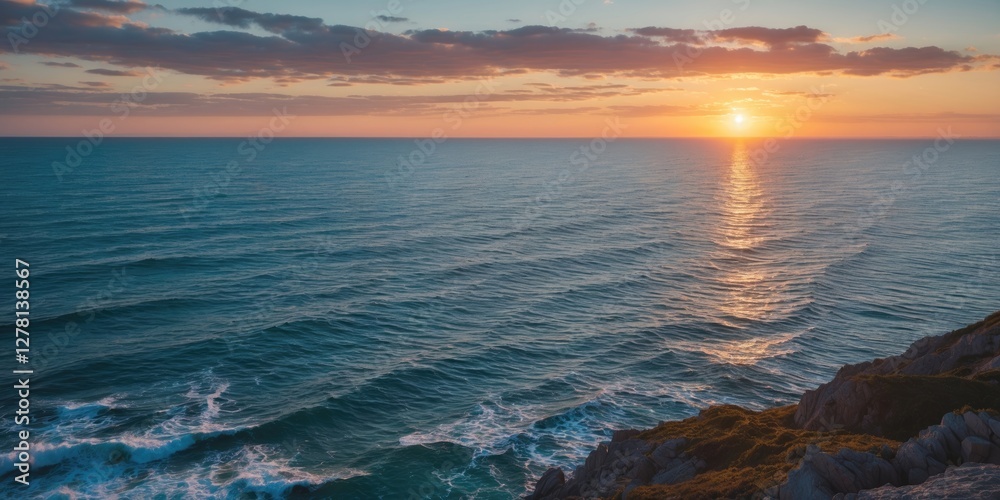 Obraz premium Sunset over calm ocean waves with rocky coastline and evening sky reflections at horizon in tranquil natural landscape scene
