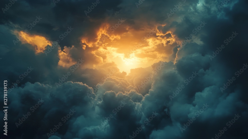 A shining light breaks through dark, stormy clouds in the sky. A shining light breaks through dark, stormy clouds in the sky.