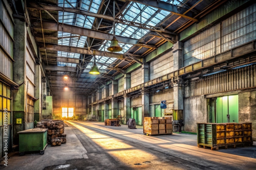 Sunlit Industrial Interior A Vast, Aged Factory Space with High Ceilings, Metal Structures, and Rusted Equipment, Bathed in Golden Light Streaming Through Windows Sunlit Industrial Interior A Vast, Aged Factory Space with High Ceilings, Metal Structures, and Rusted Equipment, Bathed in Golden Light Streaming Through Windows