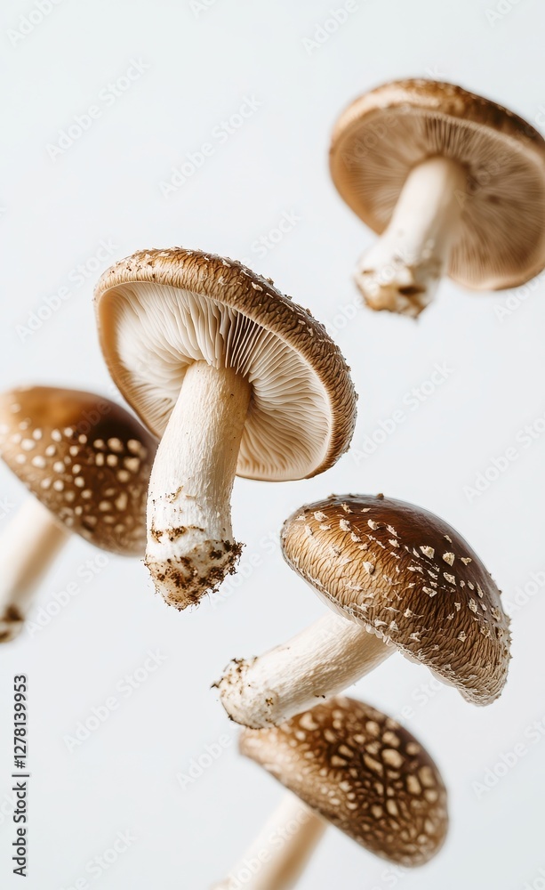 Sharp focus on shiitake mushrooms gracefully floating in the air, showcasing their unique shape and texture. Sharp focus on shiitake mushrooms gracefully floating in the air, showcasing their unique shape and texture.